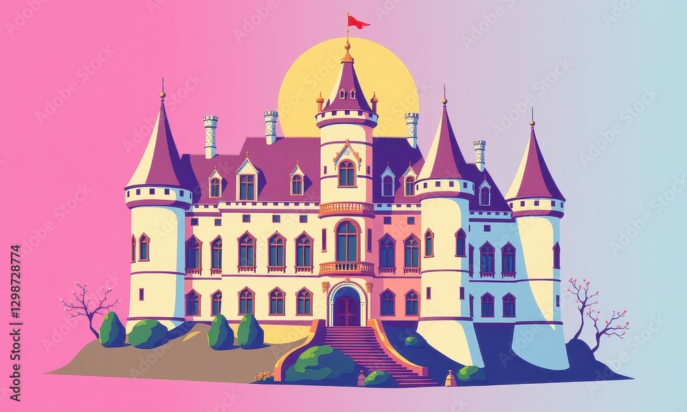 Fototapeta premium Vibrant Illustration of a Majestic Castle with Turrets and Towers against a Colorful Gradient Background Symbolizing Fairytale Architecture and Fantasy