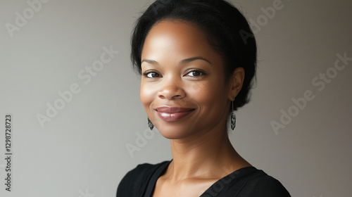 Radiant African American woman exudes joy, embodying confidence and warmth in a serene moment.