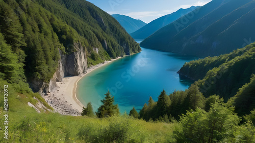 Aerial panorama revealing turquoise mountain lake nestled among alpine forests in Val di Zoldo, Dolomites, northern Italy