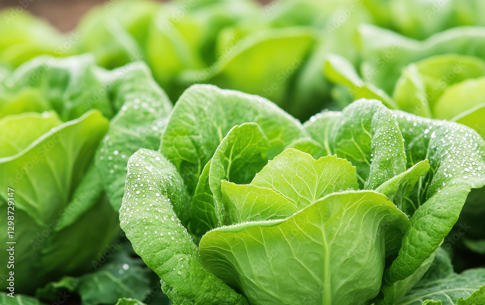 Fototapeta premium Fresh hydroponic vegetables growing in garden, showcasing vibrant green lettuce with water droplets, highlighting healthy and sustainable farming practices