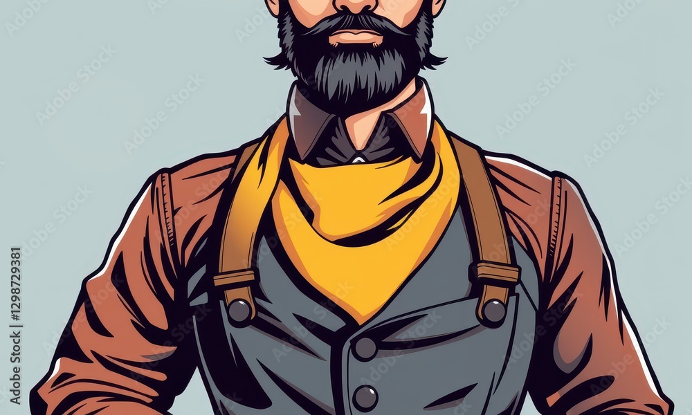 Detailed Artistic Illustration of a Bearded Man with Suspenders and Yellow Scarf Reflecting a Vintage Clothing Style Detailed Artistic Illustration of a Bearded Man with Suspenders and Yellow Scarf Reflecting a Vintage Clothing Style