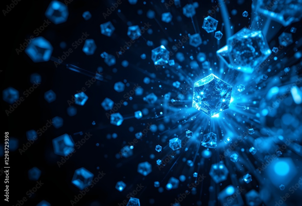 Fototapeta premium Futuristic Glowing Blue Crystal Geometry with Floating Hexagonal Shapes in a Sci-Fi Digital Space