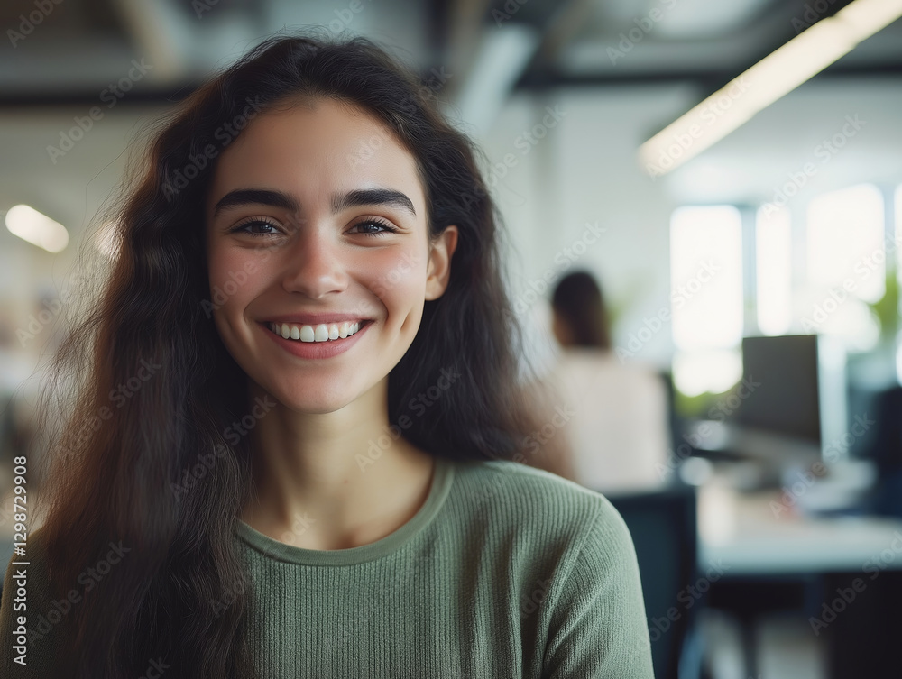 Fototapeta premium Portrait of smiling young businesswoman working in modern office: happy female employee enjoying work