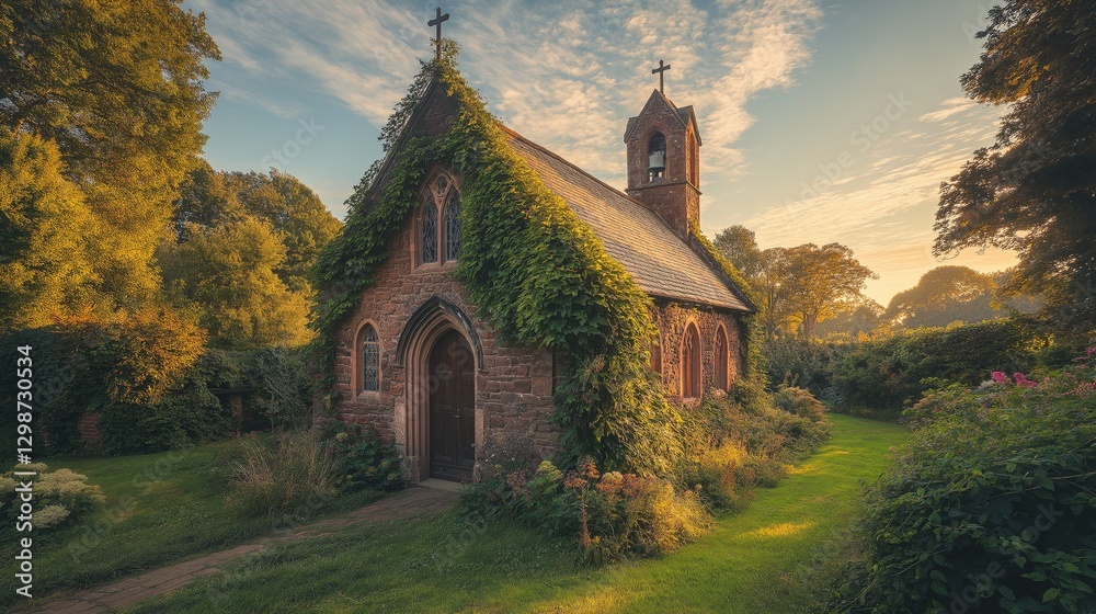 Charming stone church enveloped by greenery at golden hour in serene landscape Charming stone church enveloped by greenery at golden hour in serene landscape