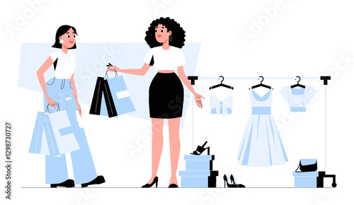 Female Shopper Receiving Assistance From Sales Consultant In Flat Vector Illustration Symbolizing Personal Shopping, Fashion Retail, And Customer Service, Isolated On White Background.