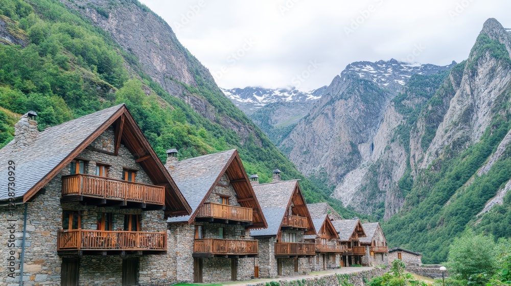 Mountain Chalets Amidst Peaks: A picturesque row of charming mountain chalets nestled amidst majestic peaks, offering a serene retreat and captivating blend of nature and architecture. Mountain Chalets Amidst Peaks: A picturesque row of charming mountain chalets nestled amidst majestic peaks, offering a serene retreat and captivating blend of nature and architecture.