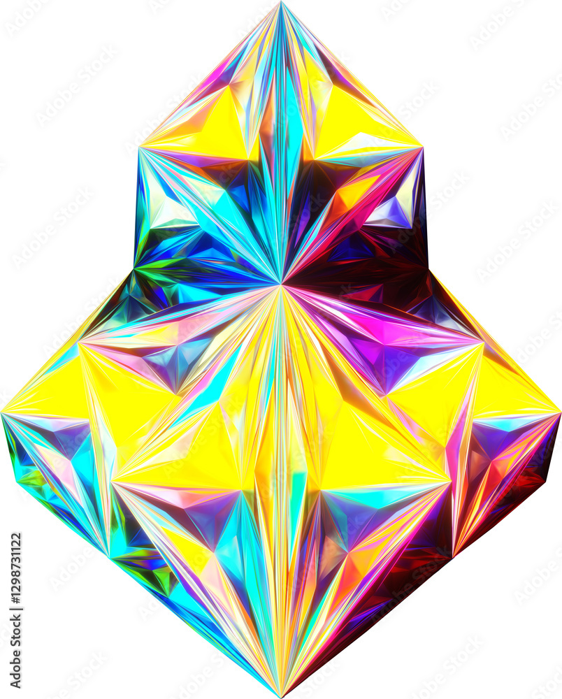 A futuristic, iridescent geometric crystal with sharp, faceted surfaces reflecting vibrant neon hues. The abstract, 3D-rendered artwork blends modern, cyberpunk, and sci-fi aesthetics A futuristic, iridescent geometric crystal with sharp, faceted surfaces reflecting vibrant neon hues. The abstract, 3D-rendered artwork blends modern, cyberpunk, and sci-fi aesthetics