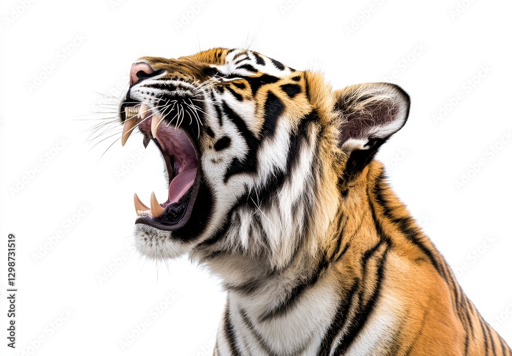 Fototapeta premium Majestic Tiger Roaring with Powerful Expression Against White Background