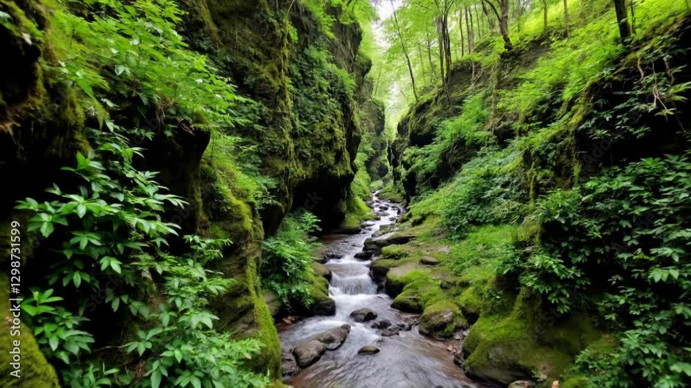 Serene forest stream flowing through lush green moss-covered rocks in a tranquil canyon setting Serene forest stream flowing through lush green moss-covered rocks in a tranquil canyon setting