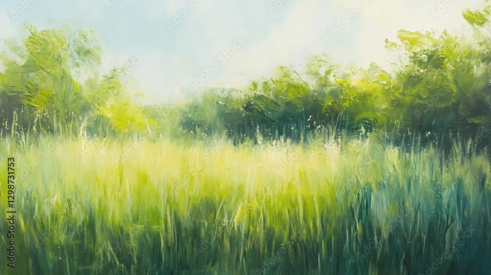 Naklejka premium Lush green meadow landscape with vibrant grass and trees under a bright sky, perfect for nature themes, outdoor activities, and serenity.