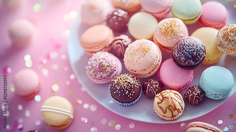 Obraz premium Delicious Dessert Display Featuring Macarons and Cupcakes