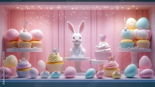 Easter Window Display with Bunnies, Cupcakes, and Eggs in Pastel Colors, Close-Up, Photorealistic, Hyper-Realistic, High-Resolution Photography