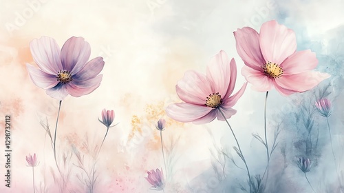 A serene watercolor painting of delicate pink flowers blooming amidst a soft, pastel-colored background.