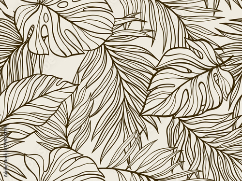Seamless Botanical Pattern Featuring Outlined Tropical Leaves with an Elegant Nature Inspired Design. Vector illustration