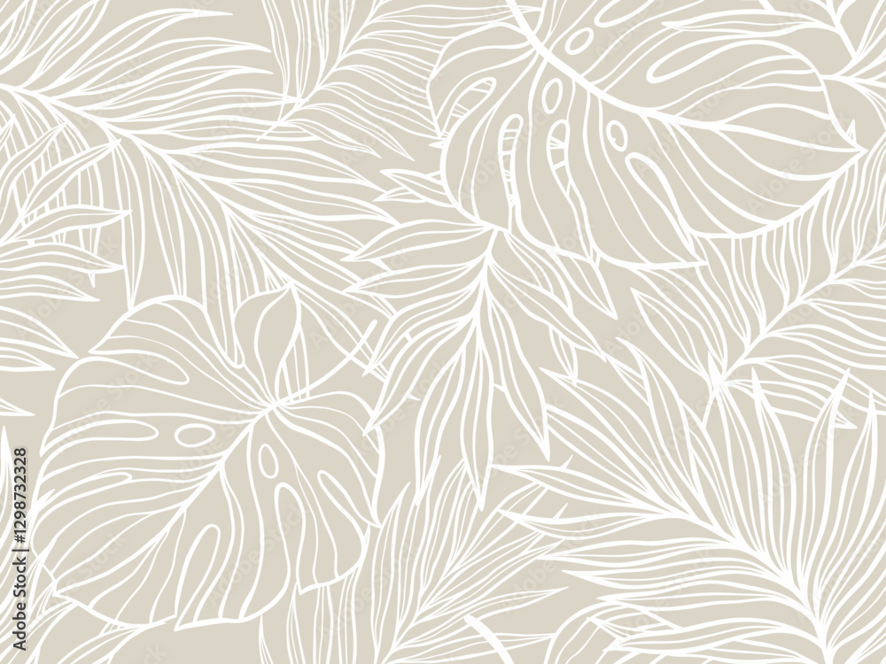 Tropical Leaf Outline Pattern Design in Neutral Tones for Decorative Projects and Backgrounds. Vector illustration