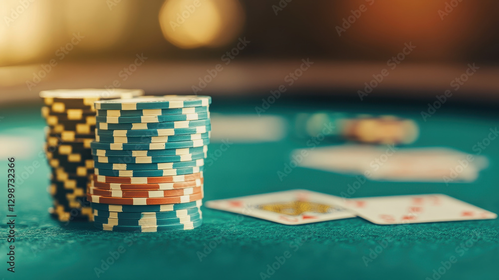 Luxurious poker table with colorful chips and playing cards, creating exciting atmosphere for gaming enthusiasts Luxurious poker table with colorful chips and playing cards, creating exciting atmosphere for gaming enthusiasts