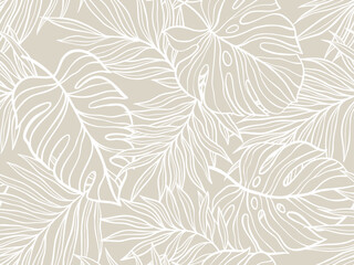 Gardinen Pflanzenmuster Tropical Palm and Monstera Leaf Pattern in Elegant Beige and White Aesthetic Design. Vector illustration  © vik_y