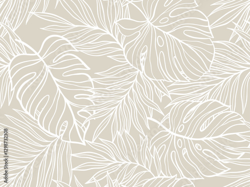 Tropical Palm and Monstera Leaf Pattern in Elegant Beige and White Aesthetic Design. Vector illustration
