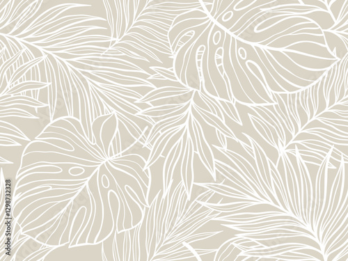 Tropical Leaf Outline Pattern Design in Neutral Tones for Decorative Projects and Backgrounds. Vector illustration