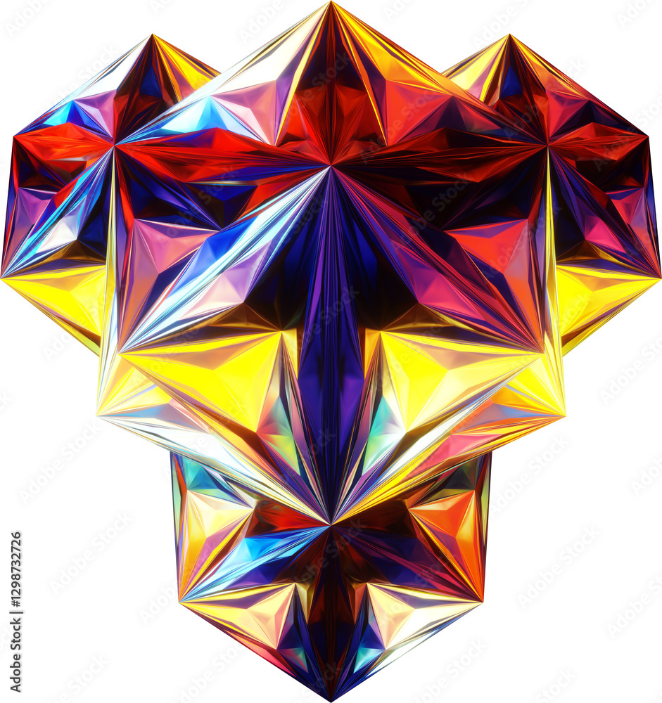 A futuristic, iridescent geometric crystal with sharp, faceted surfaces reflecting vibrant neon hues. The abstract, 3D-rendered artwork blends modern, cyberpunk, and sci-fi aesthetics