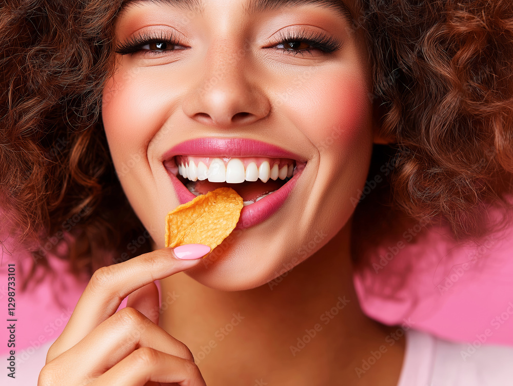Happy smiling girl eating delicious crunchy chips on pink background Happy smiling girl eating delicious crunchy chips on pink background