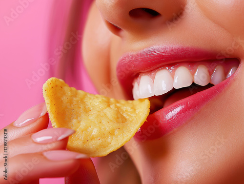 Wallpaper Mural Woman eating tortilla chip: close-up of mouth and pink background Torontodigital.ca