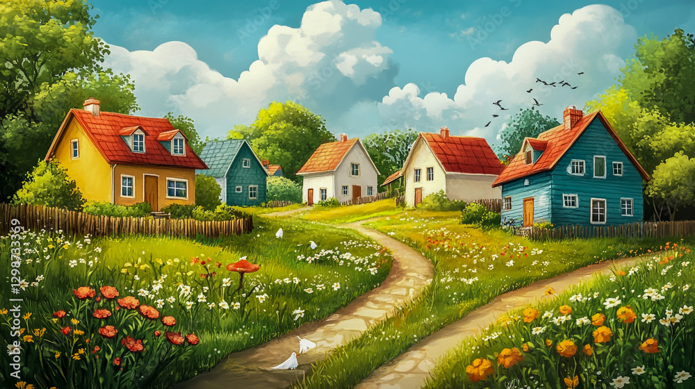Hand-drawn landscapes featuring charming houses, with vibrant colors and natural scenery Hand-drawn landscapes featuring charming houses, with vibrant colors and natural scenery