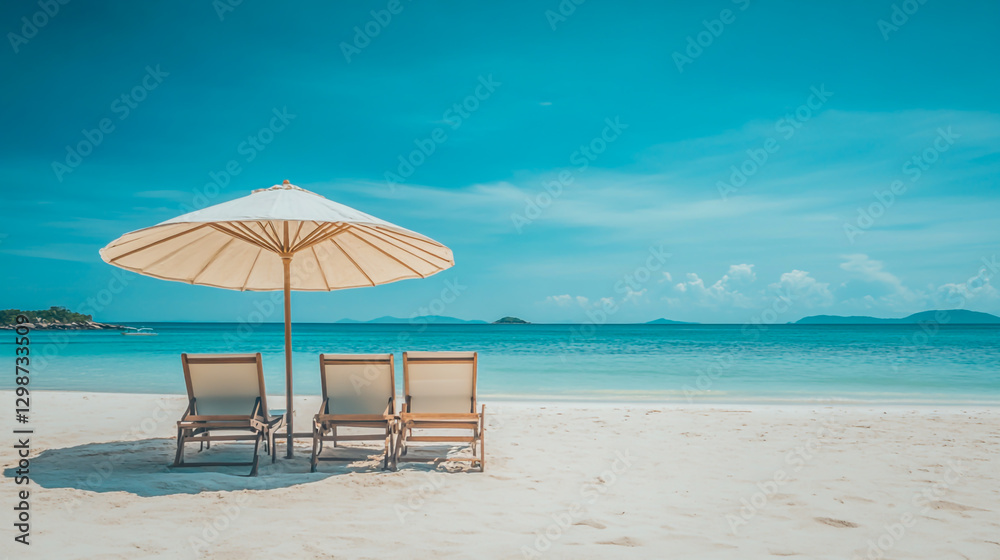 High-angle view of a tranquil beach scene featuring sun loungers arranged neatly under a parasol High-angle view of a tranquil beach scene featuring sun loungers arranged neatly under a parasol