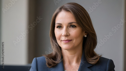 Portrait of smiling Crown Princess Mary of Denmark looking away wearing elegant business attire