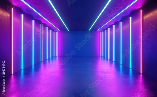 Futuristic Neon Light Corridor with Vibrant Blue and Pink Illumination in a Minimalistic Modern Interior Space