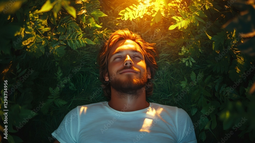 Fototapeta premium Young man relaxing in grass enjoying golden sunlight filtering through leaves