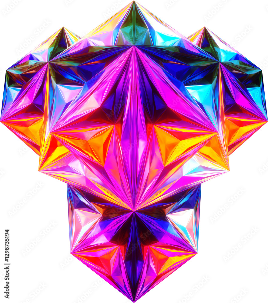 A futuristic, iridescent geometric crystal with sharp, faceted surfaces reflecting vibrant neon hues. The abstract, 3D-rendered artwork blends modern, cyberpunk, and sci-fi aesthetics