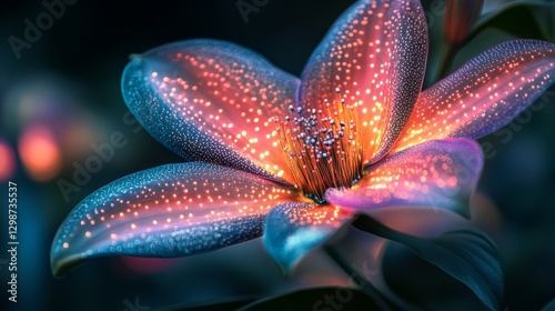 A unique plant with glowing microchips embedded in its vibrant petals
