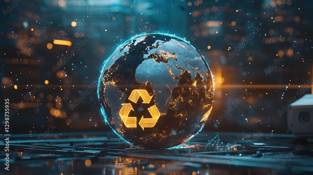 Fototapeta premium Glowing Earth with Recycling Symbols Eco Friendly Sustainability Concept