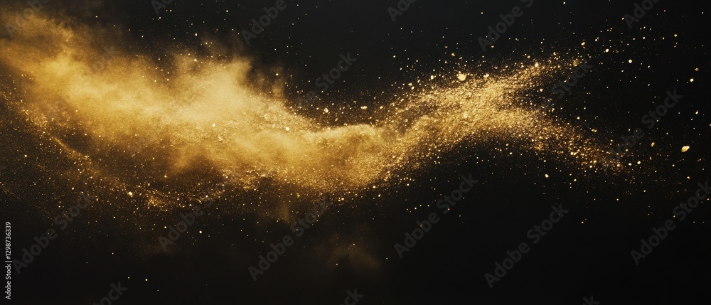 Fototapeta premium Gold dust and glitter particles swirling in dark background, creative abstract design, shimmering texture for artistic projects, dynamic movement illustration.