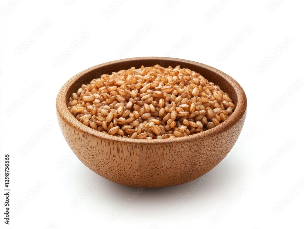 Rustic wooden bowl brimming with cooked wheat kernels on white background Rustic wooden bowl brimming with cooked wheat kernels on white background