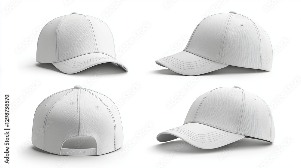 White baseball caps displayed from multiple angles on a plain background White baseball caps displayed from multiple angles on a plain background