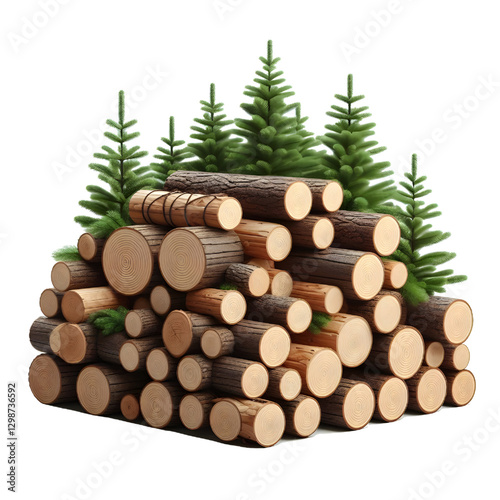 several stacked wooden logs isolated on white background