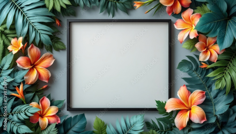Obraz premium Blank Frame with Tropical Hibiscus Flowers and Leaves for Mockup
