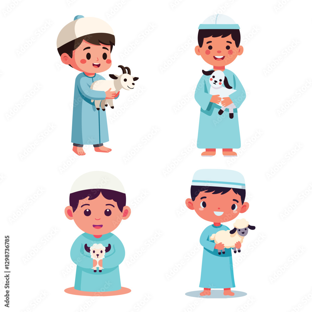Illustration of Boys in Traditional Attire Holding Cute Farm Animals Illustration of Boys in Traditional Attire Holding Cute Farm Animals