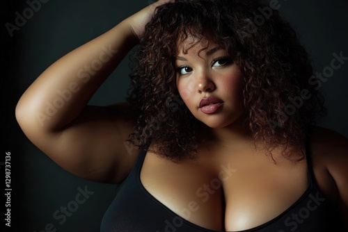 Surrounded by soft lighting and understated textures, a curvaceous woman confidently poses indoors, embracing her beauty.
