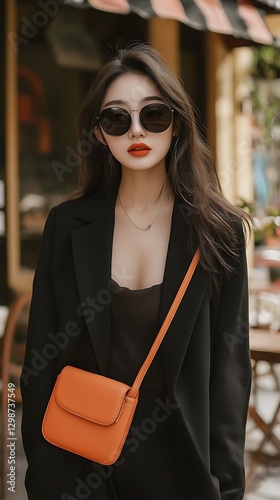 Fashion model in black outfit with orange bag urban street style vibrant city chic environment trendy viewpoint photo