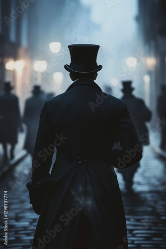 Mysterious Figure in Top Hat Walking Through Foggy Urban Street