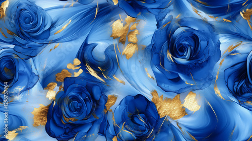 Elegant Blue Roses with Gold Accents on Swirling Background