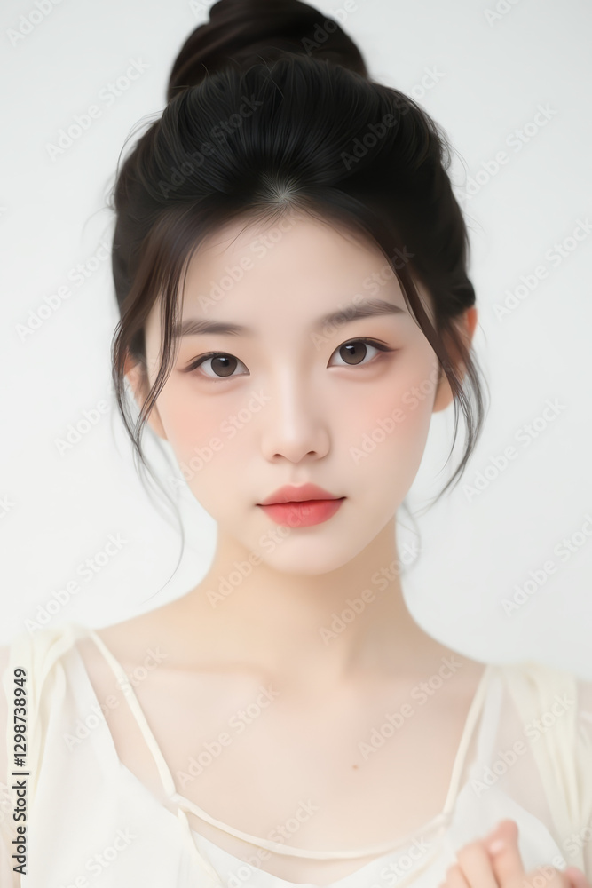 Female Asian Model with Short Hair - Young Beautiful Woman with Hair Bun - Studio Portrait of Asian Beauty for Fashion, Cosmetic, Skincare - Posing on White Background - Smooth Tied Hair Female Asian Model with Short Hair - Young Beautiful Woman with Hair Bun - Studio Portrait of Asian Beauty for Fashion, Cosmetic, Skincare - Posing on White Background - Smooth Tied Hair