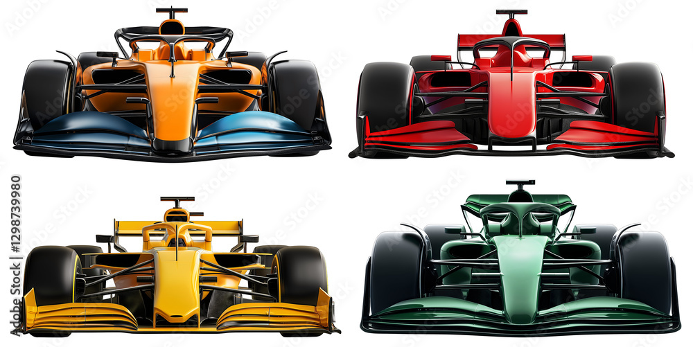 set collection of high technology tech fictive formula race cars isolated white background. motorsport car racing and team sport concept