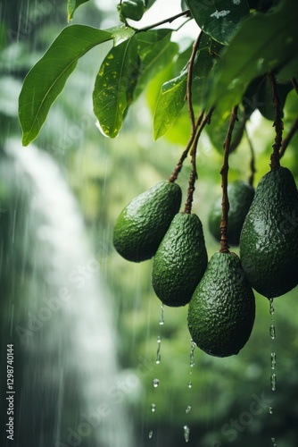 Fresh Avocados Hanging on Tree with Rainy Background and Waterfall
