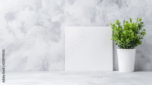 Blank canvas mockup, plant, textured wall