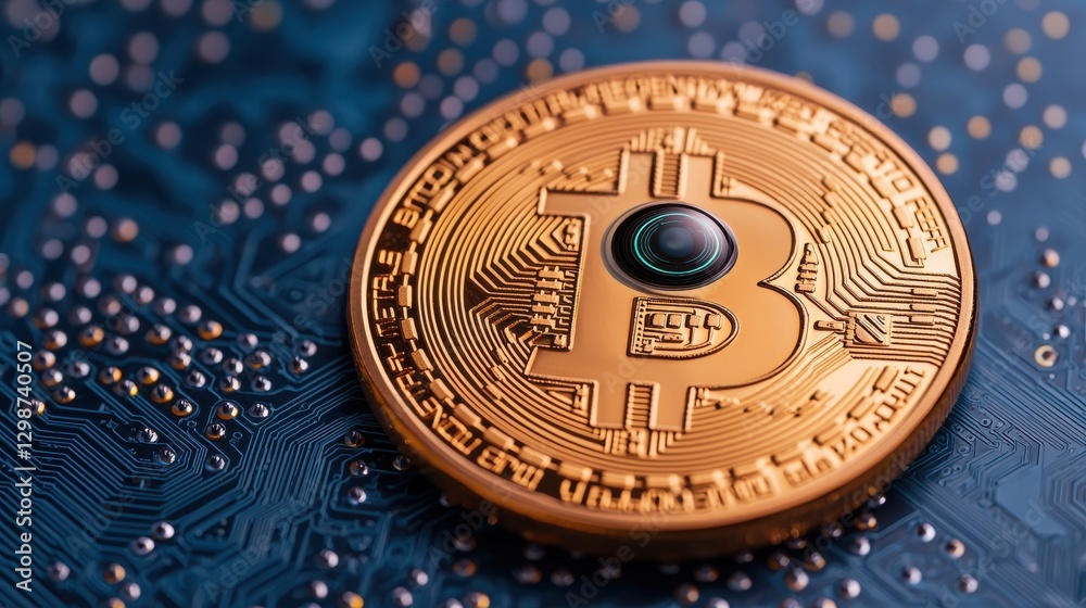 Obraz premium Bitcoin coin on a digital backdrop with microchips and beads.