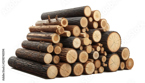 several stacked wooden logs isolated on white background
